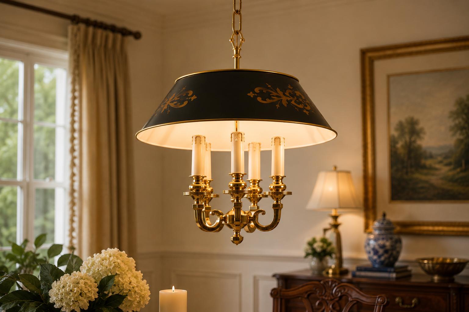 Vintage Brass 5-Light Pendant Chandelier, Bouillotte Style — Painted Tôle Shade, 1980s