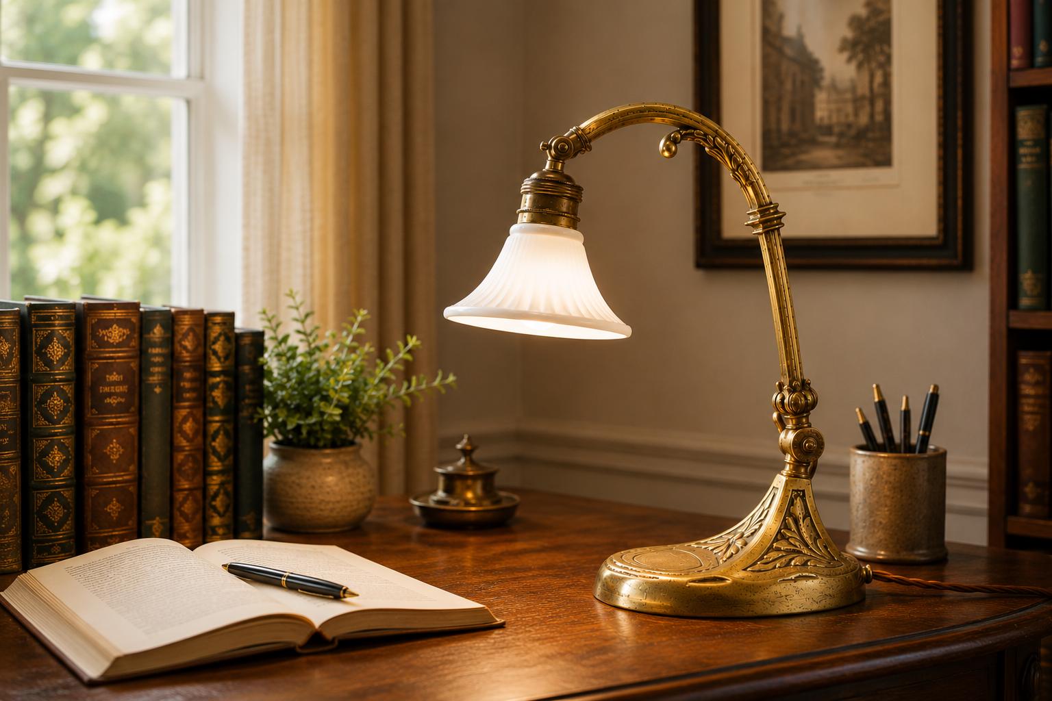 Vintage Brass Desk Lamp, Art Nouveau Style, Adjustable Goose-Neck Arm, 1920s