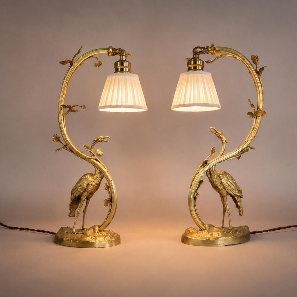 Pair of Gilt Crane Table Lamps, Hollywood Regency / French Art Deco Style, 1930s