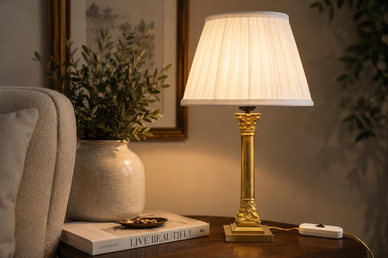 Vintage Brass Column Table Lamp, Ornate Capital and Base — 1950s