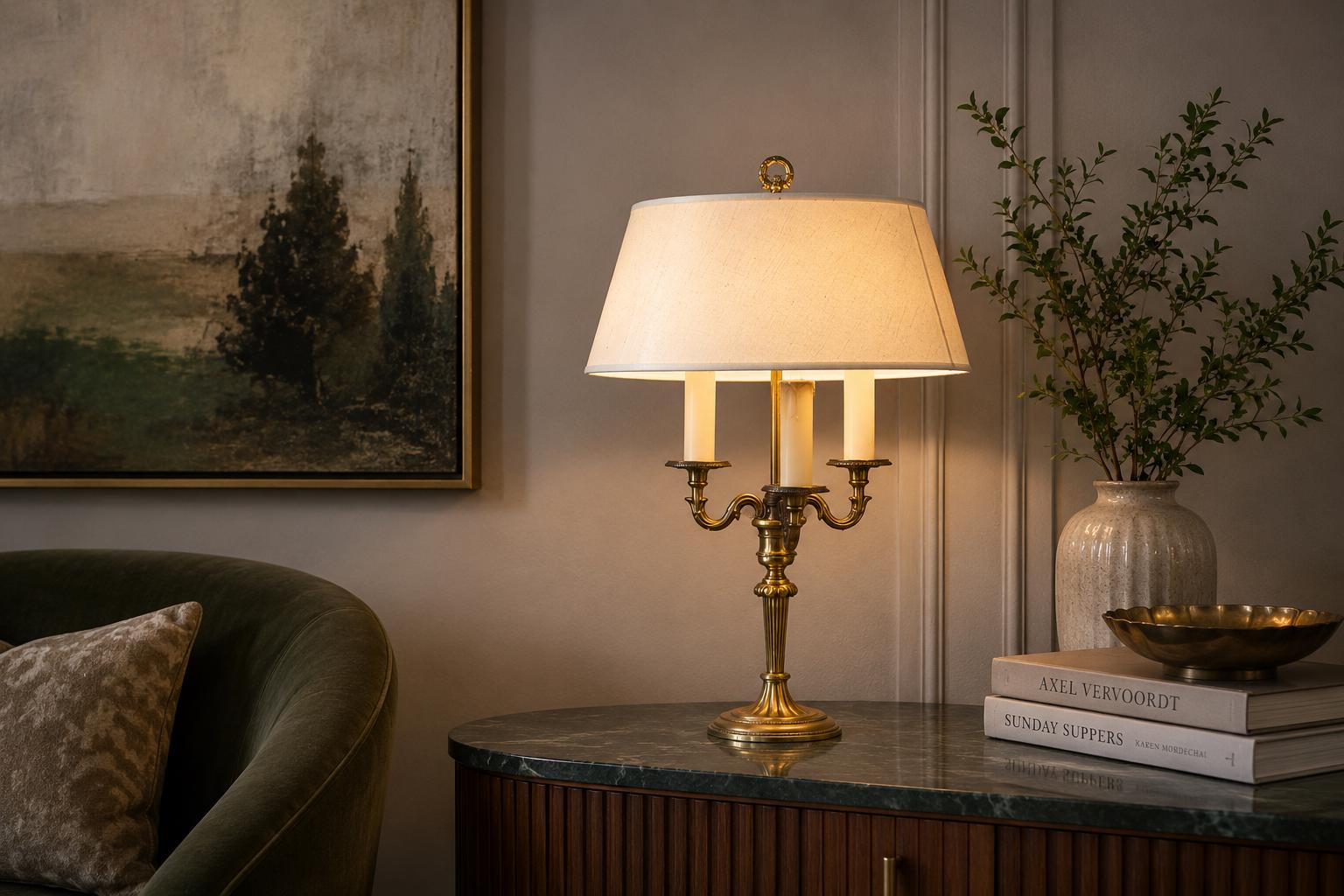 French Bouillotte Lamp, Gilt Brass Three-Arm Candelabra Base, Louis XVI Style, 1950s