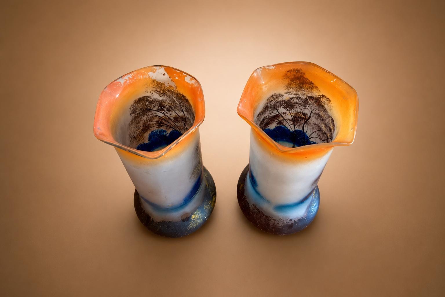Antique Satin Glass Vase Pair, Hand-Painted Enamel Landscape — French, circa 1900