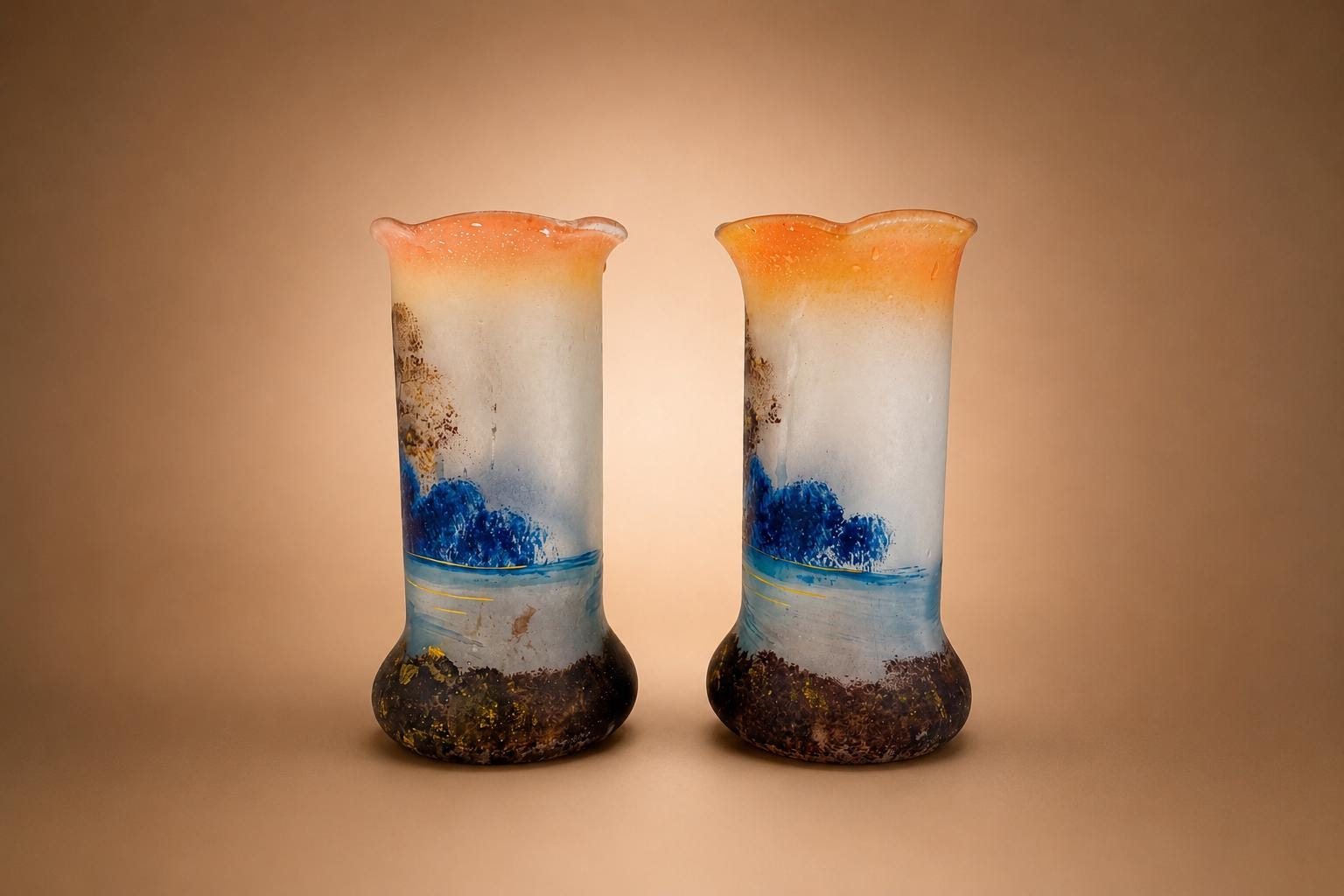 Antique Satin Glass Vase Pair, Hand-Painted Enamel Landscape — French, circa 1900