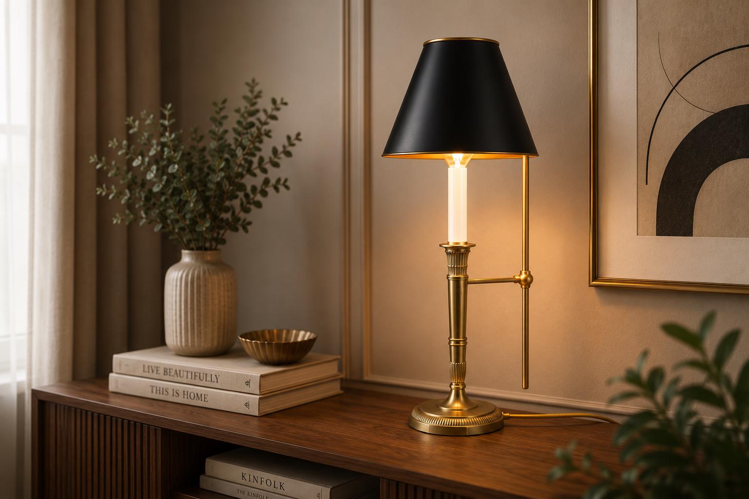 Vintage Brass Bouillotte Table Lamp, Adjustable Black Shade, French Style, 1950s
