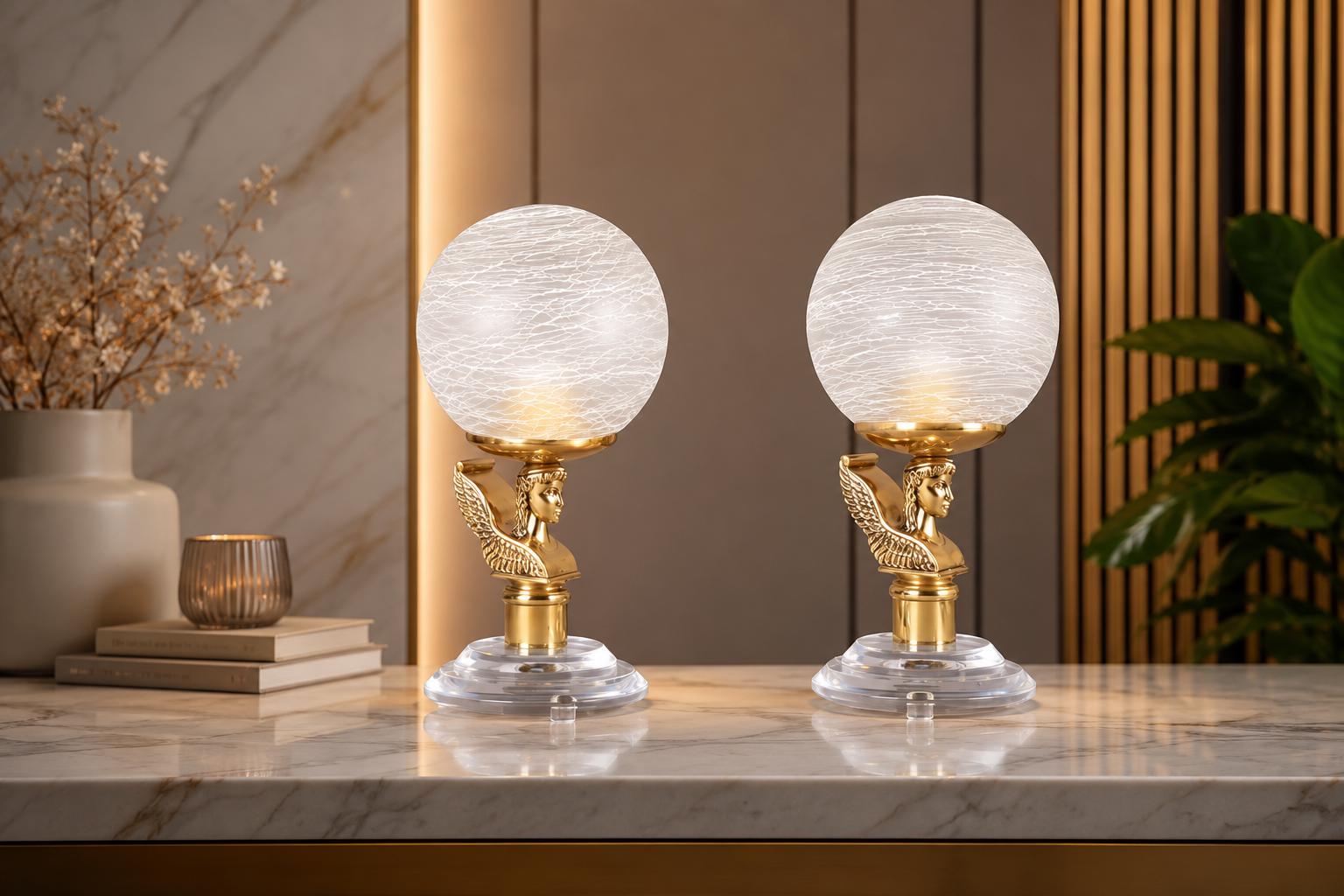 Vintage Brass-Toned Angel Table Lamps, Frosted Glass Globe Shade, Hollywood Regency, 1980s, Pair