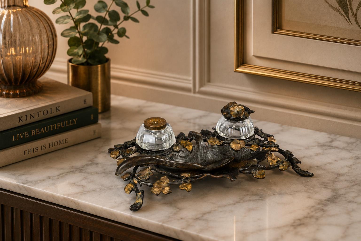 Antique Bronze-Toned Inkwell, Ivy Relief Design — French Art Nouveau, Circa 1900