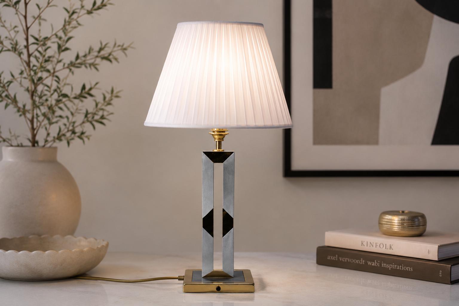 Vintage Brass and Chrome Table Lamp, Open-Frame Tower Base, in the Style of Willy Rizzo, 1980s