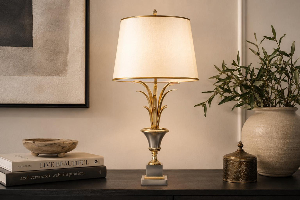 Brushed Steel Pineapple Palm Lamp Base, Hollywood Regency Style — Vintage, 1980s