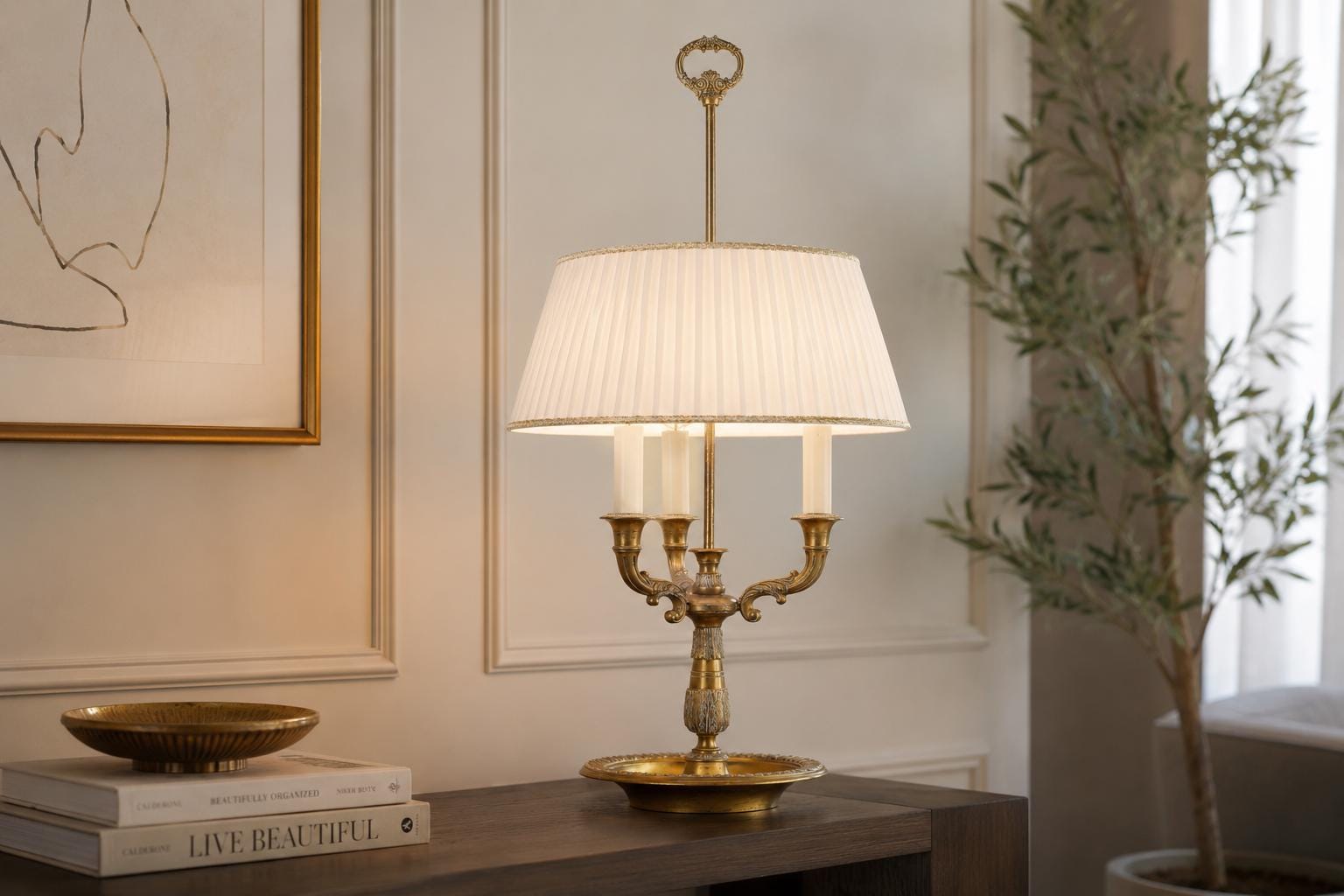 Antique Brass Bouillotte Lamp, Three-Arm Candelabra Form — French, 19th Century