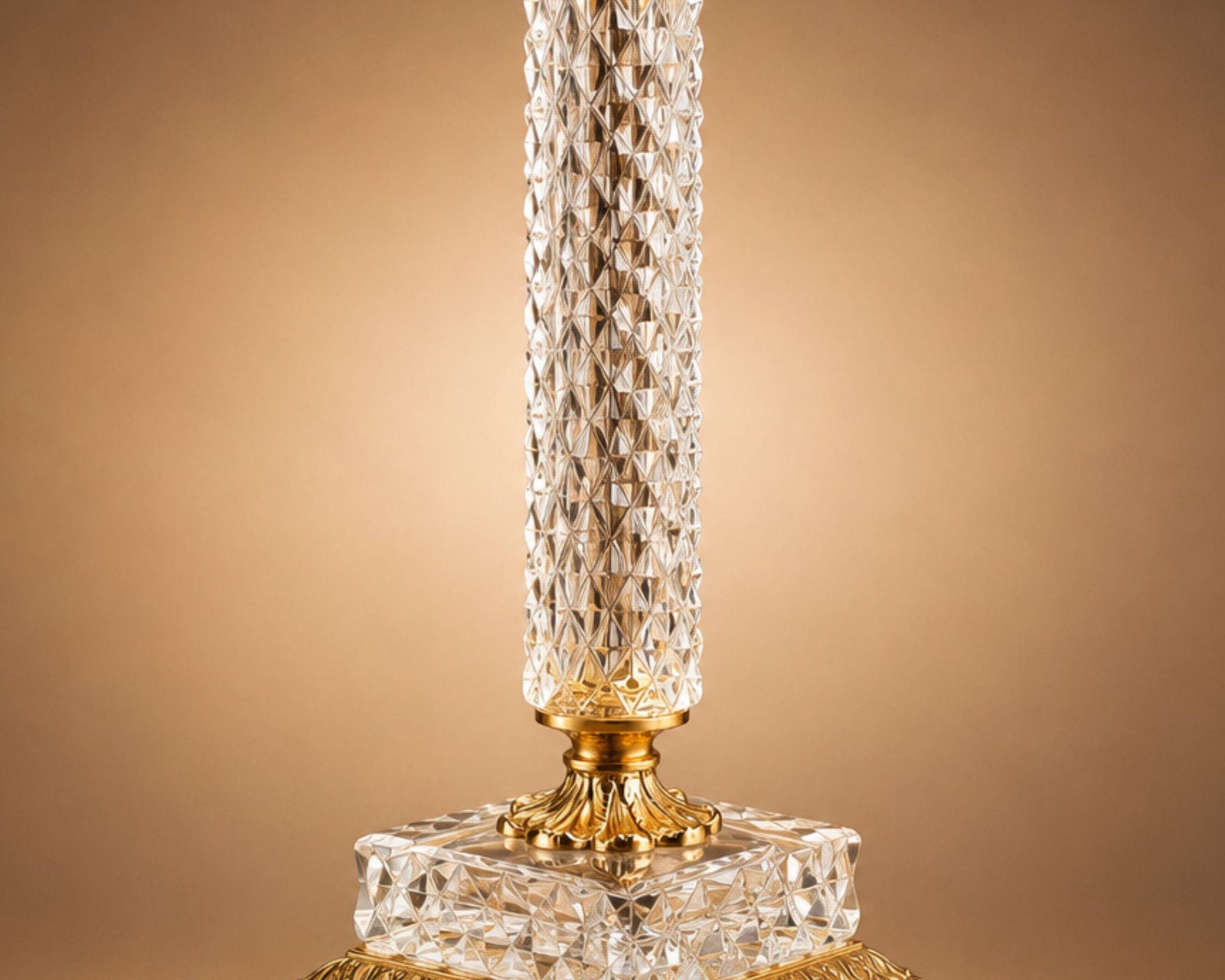 Hollywood Regency Style Cut Glass Table Lamp, Diamond-Cut Column with Brass Fittings