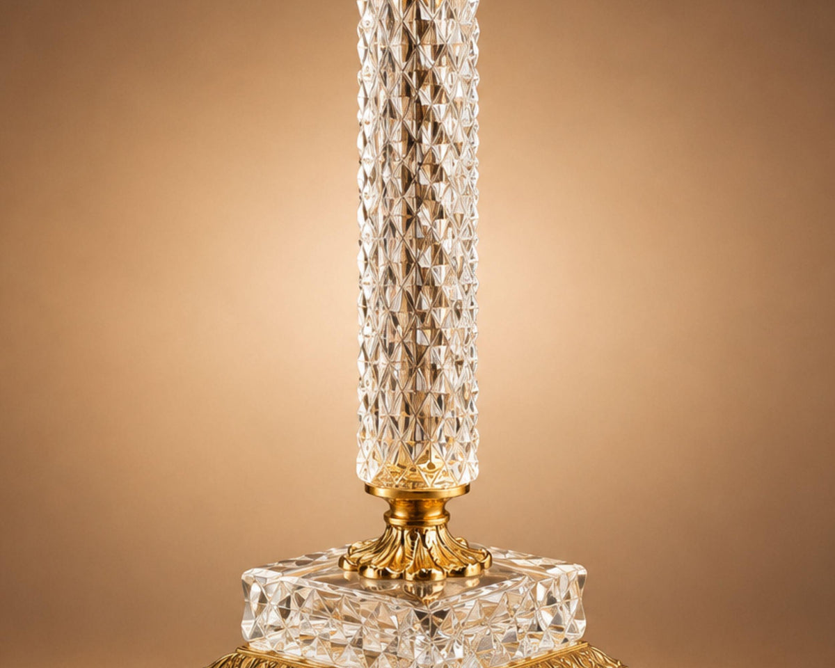 Hollywood Regency Style Cut Glass Table Lamp, Diamond-Cut Column with Brass Fittings