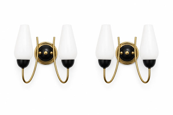 Set of French 1950s Brass Wall Sconces, White Opaline Tulip Shades