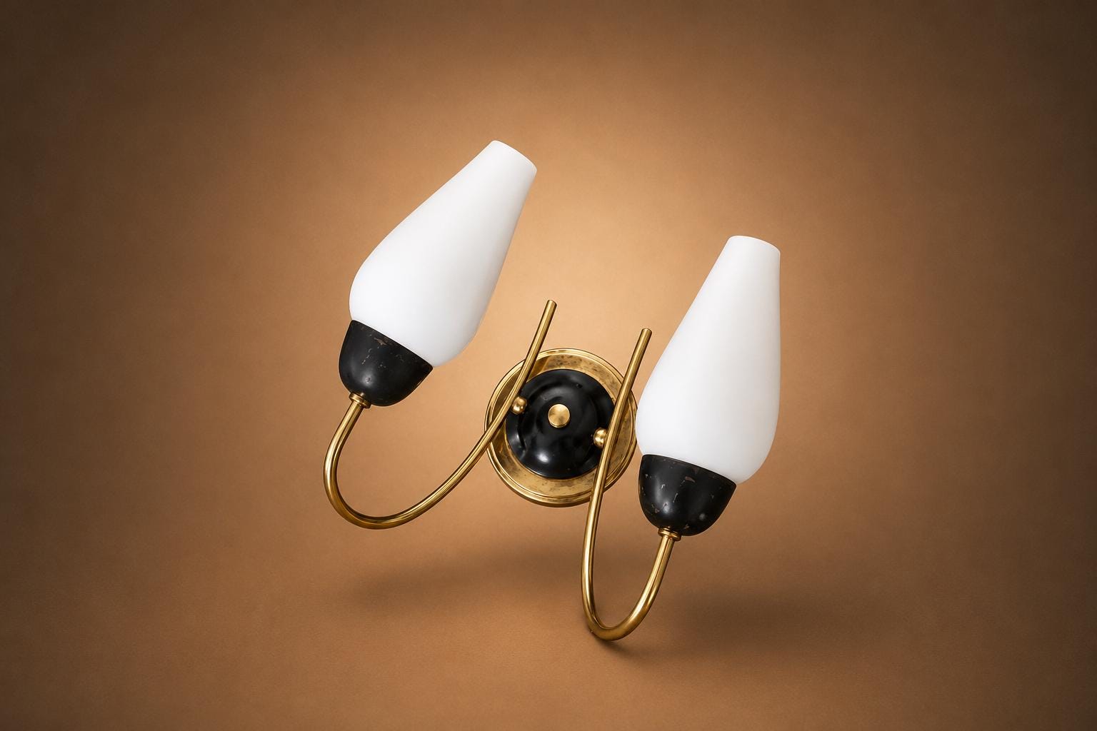 Set of French 1950s Brass Wall Sconces, White Opaline Tulip Shades