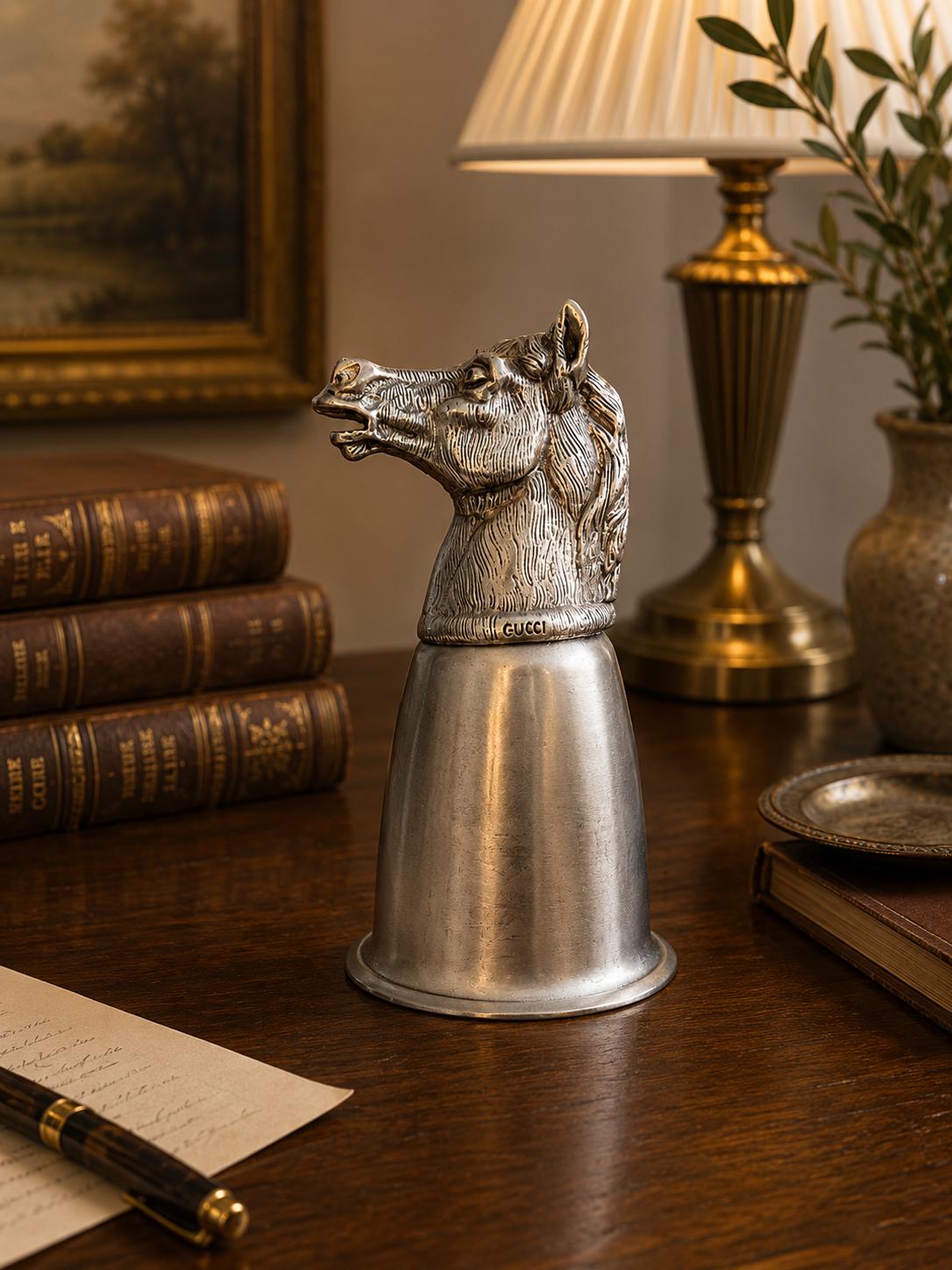 Vintage 1980s Gucci Horse-Head Metal Tumbler – Italian Designer Barware, Rare Collectible Equestrian Cup