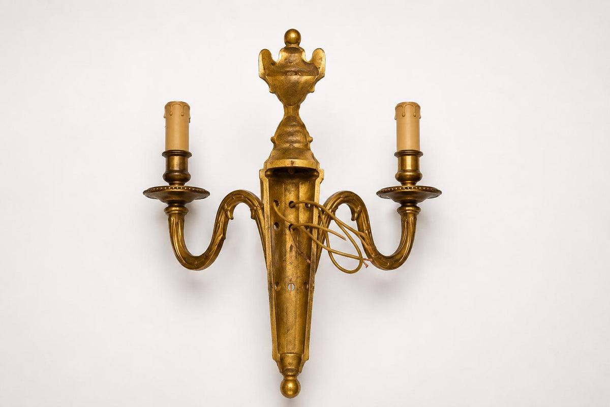 Vintage Brass Double-Arm Wall Sconces, Urn Finial Backplate, Pair, 1950s
