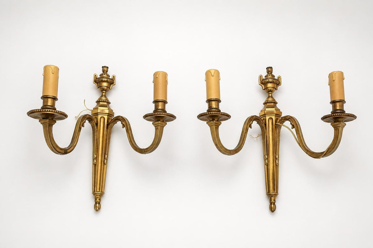 Vintage Brass Double-Arm Wall Sconces, Urn Finial Backplate, Pair, 1950s