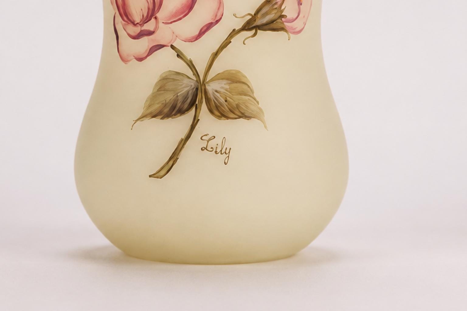 Vintage Signed "Lily" Art Deco Frosted Glass Vase, Hand-Painted Pink Roses, 1930s