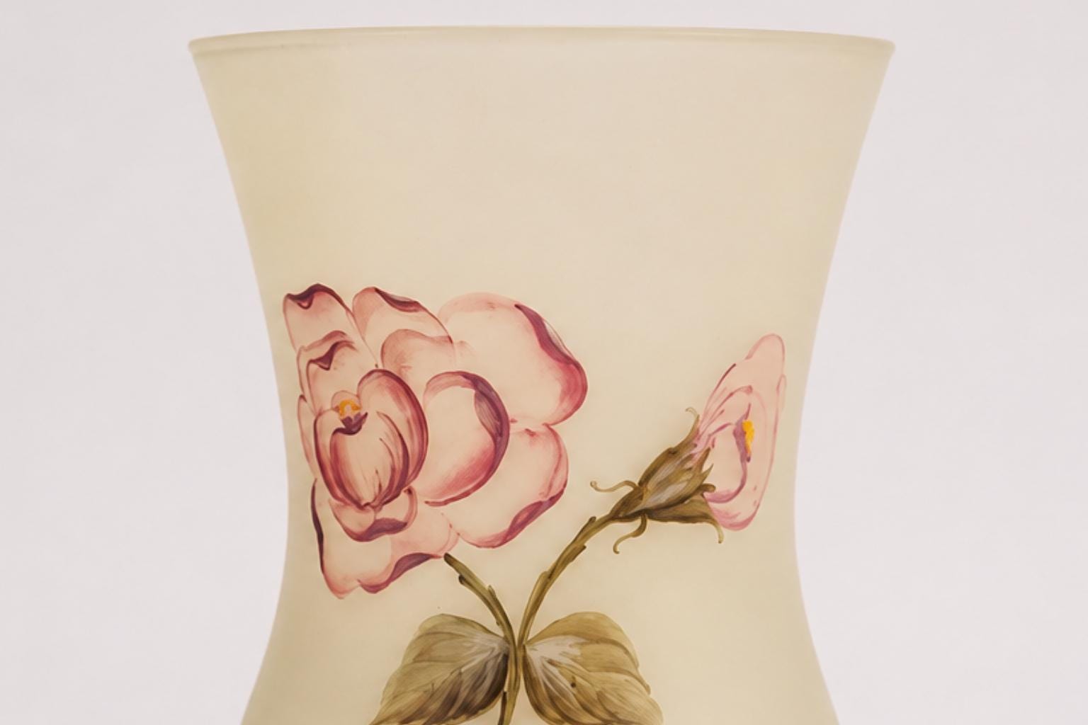 Vintage Signed "Lily" Art Deco Frosted Glass Vase, Hand-Painted Pink Roses, 1930s