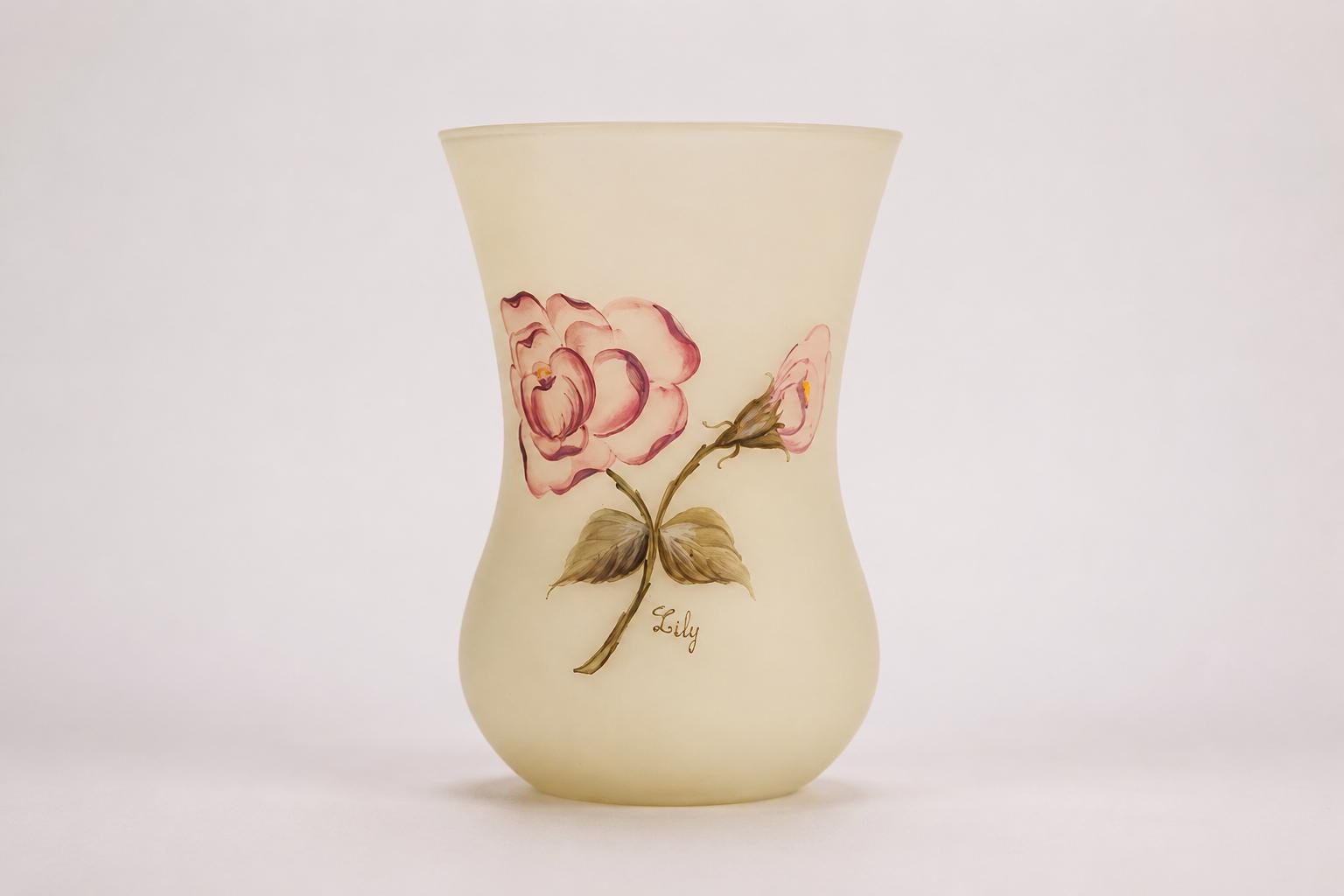 Vintage Signed "Lily" Art Deco Frosted Glass Vase, Hand-Painted Pink Roses, 1930s
