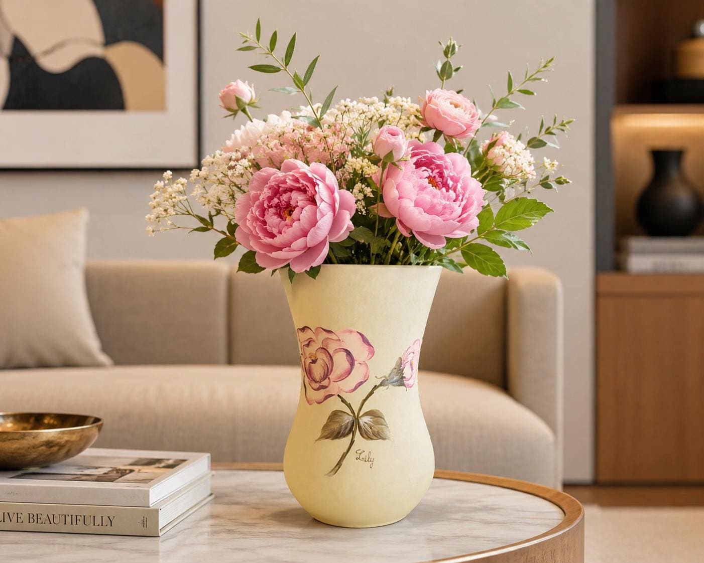 Vintage Signed "Lily" Art Deco Frosted Glass Vase, Hand-Painted Pink Roses, 1930s