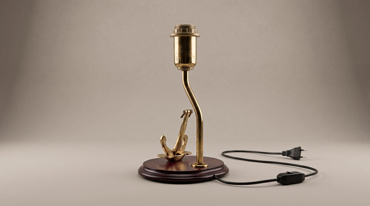 Vintage Brass and Wood Table Lamp Base with Anchor Motif, 1950s