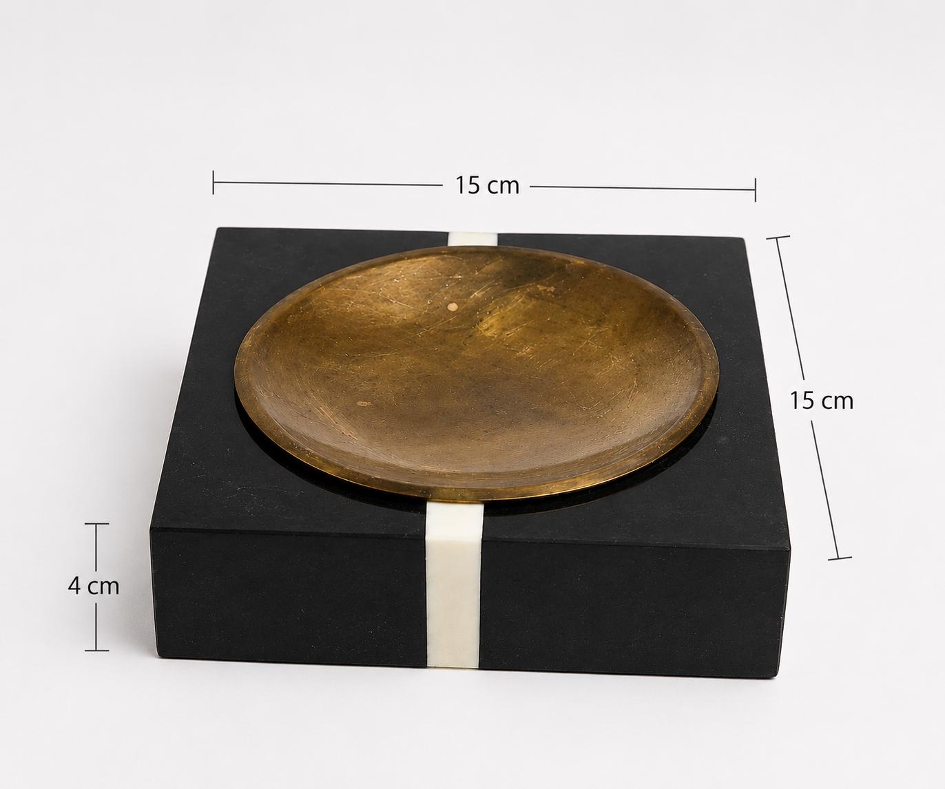 Vintage Black Stone and Brass Catchall Tray, Ashtray or Bookend, Cream Inlay Accent