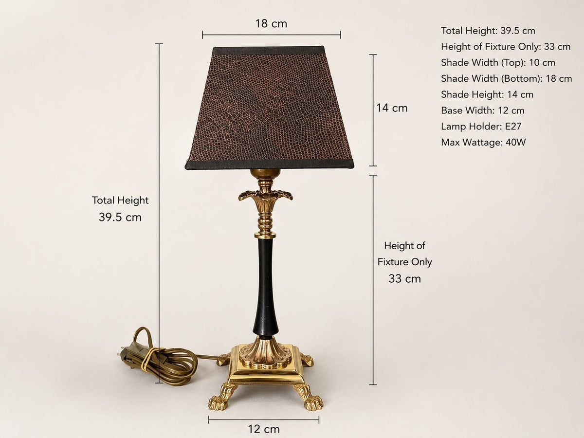 Vintage Brass Table Lamp, Snakeskin-Pattern Fabric Shade, Claw Foot Base, 1950s