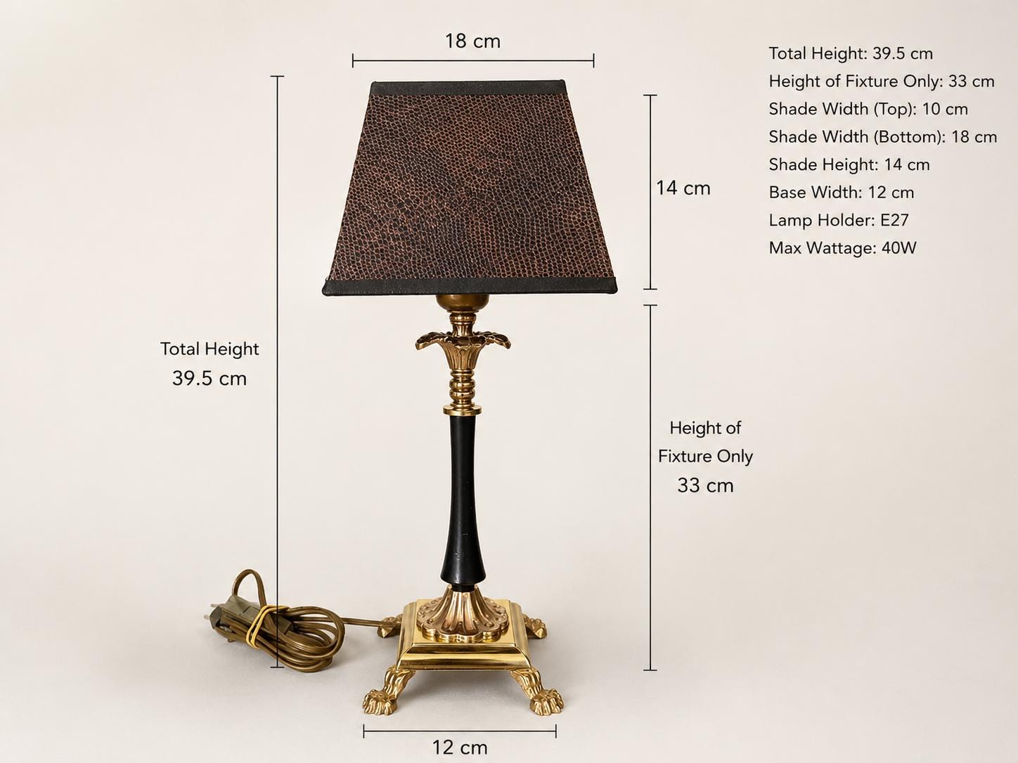 Vintage Brass Table Lamp, Snakeskin-Pattern Fabric Shade, Claw Foot Base, 1950s