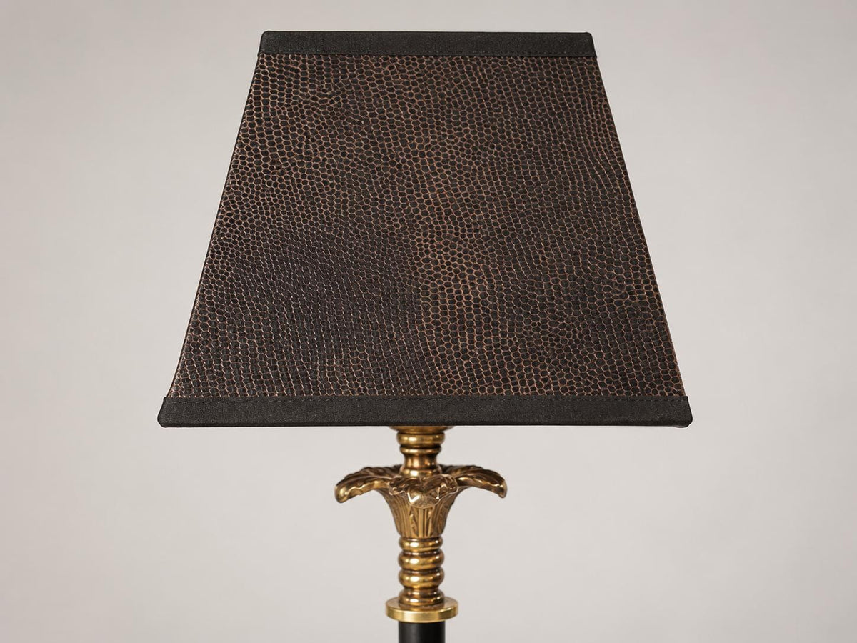 Vintage Brass Table Lamp, Snakeskin-Pattern Fabric Shade, Claw Foot Base, 1950s