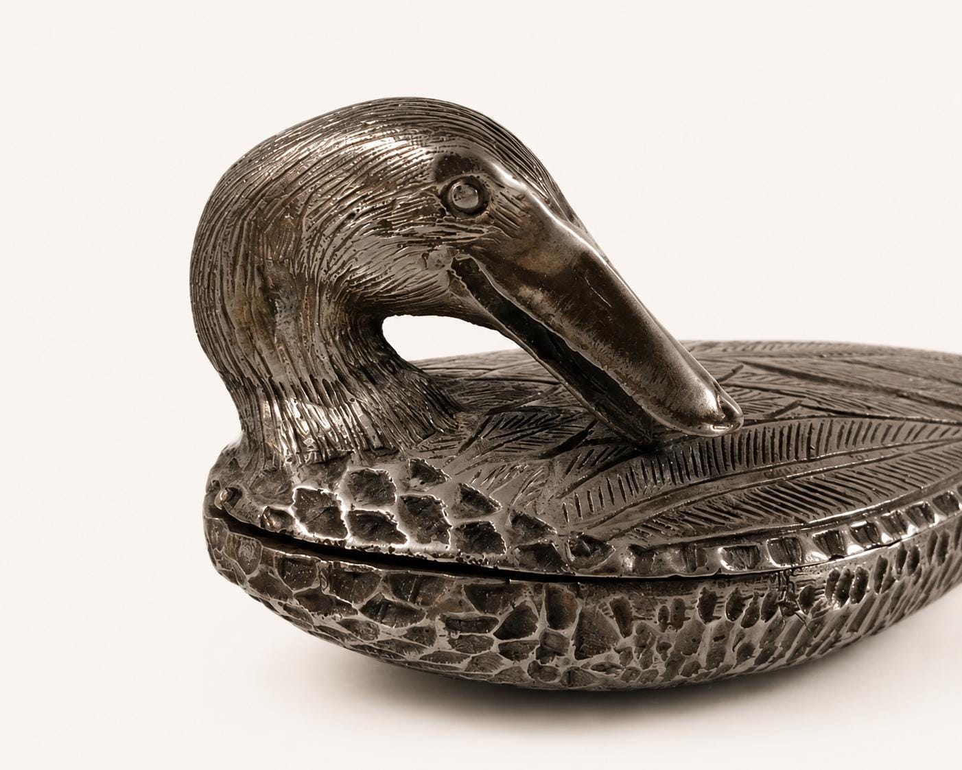 Fondica France Silvered Metal Duck Box, Heavy Cast Trinket Casket