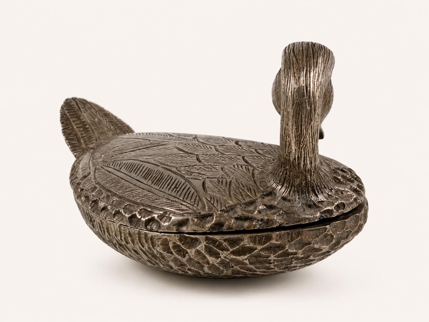 Fondica France Silvered Metal Duck Box, Heavy Cast Trinket Casket