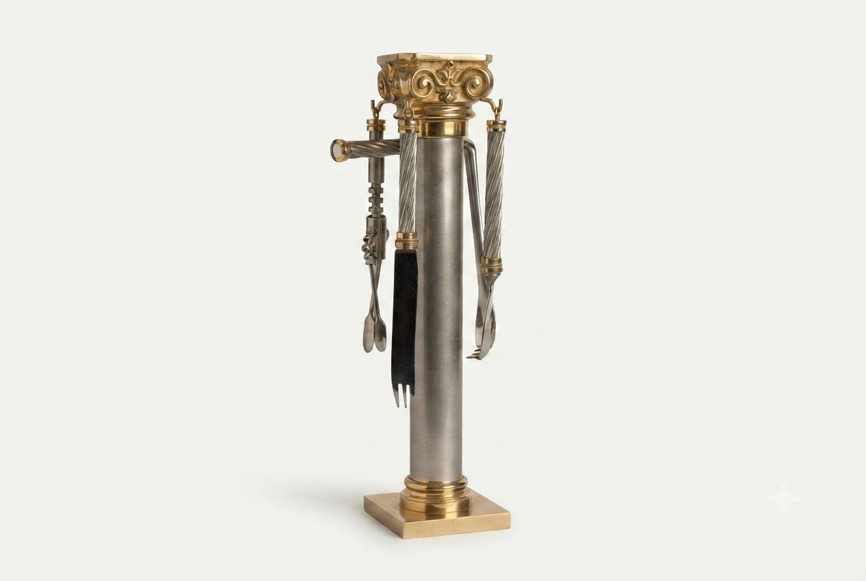 Vintage Italian Bar Tool Set, Hollywood Regency Corinthian Column Stand, 1970s Barware, Gold and Silver-Toned Metal, Made in Italy