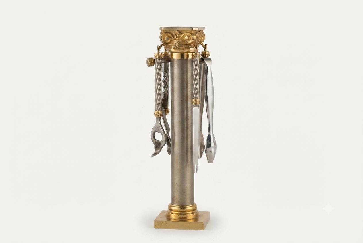 Vintage Italian Bar Tool Set, Hollywood Regency Corinthian Column Stand, 1970s Barware, Gold and Silver-Toned Metal, Made in Italy