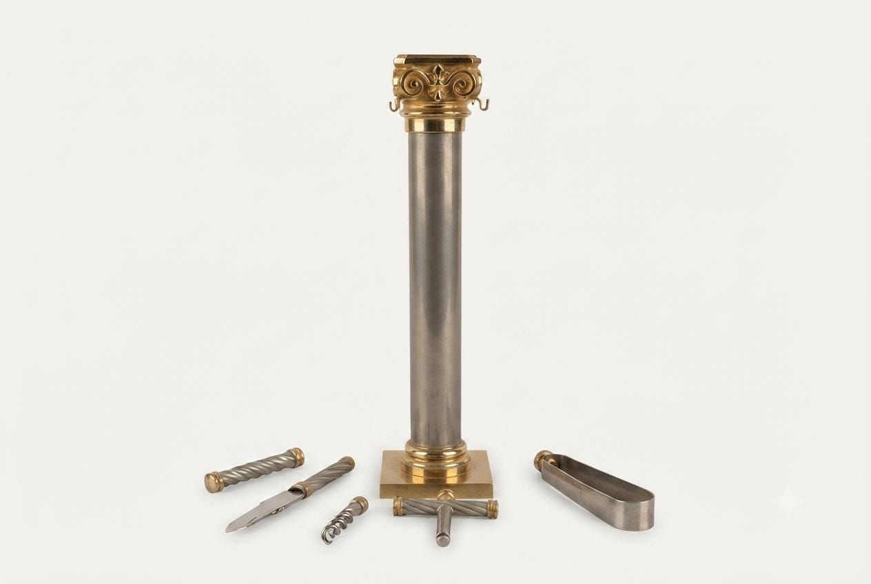 Vintage Italian Bar Tool Set, Hollywood Regency Corinthian Column Stand, 1970s Barware, Gold and Silver-Toned Metal, Made in Italy
