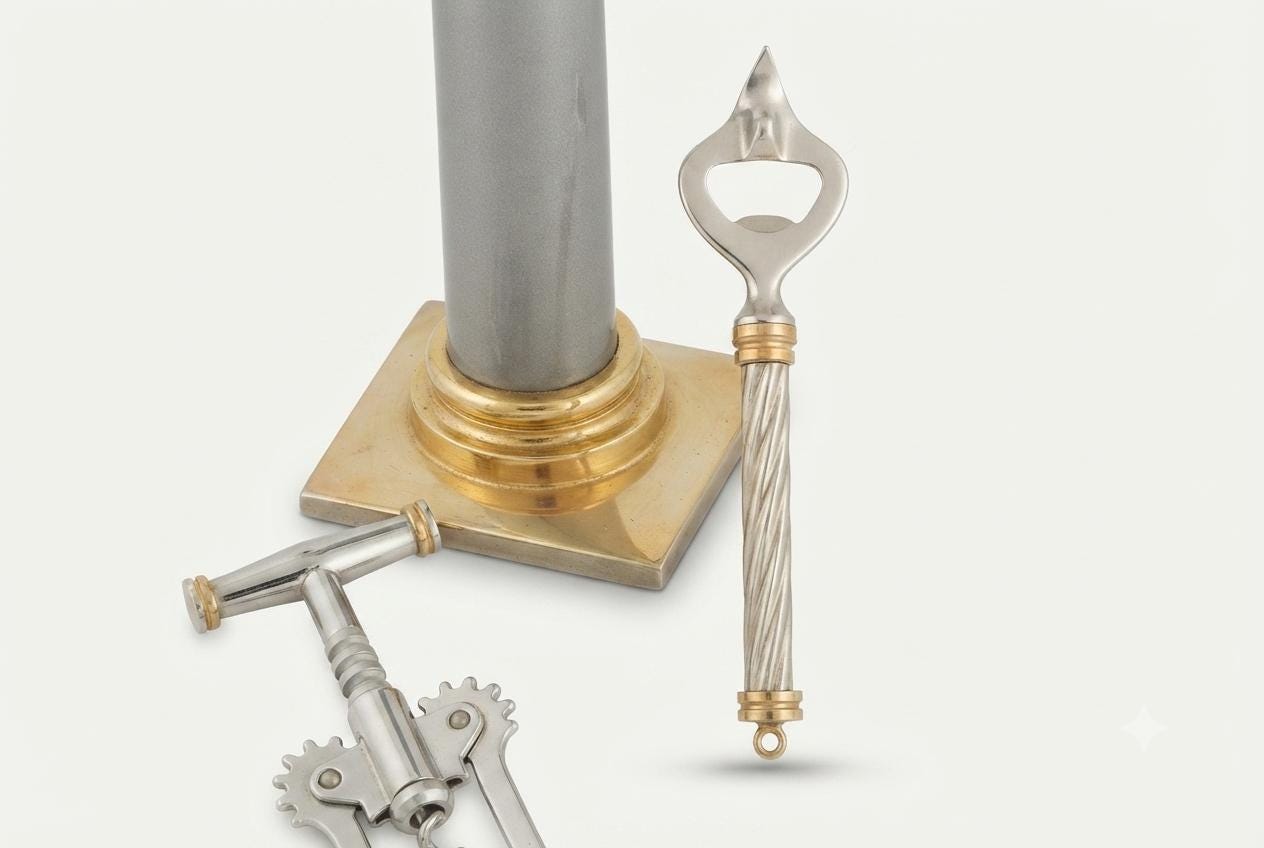 Vintage Italian Bar Tool Set, Hollywood Regency Corinthian Column Stand, 1970s Barware, Gold and Silver-Toned Metal, Made in Italy
