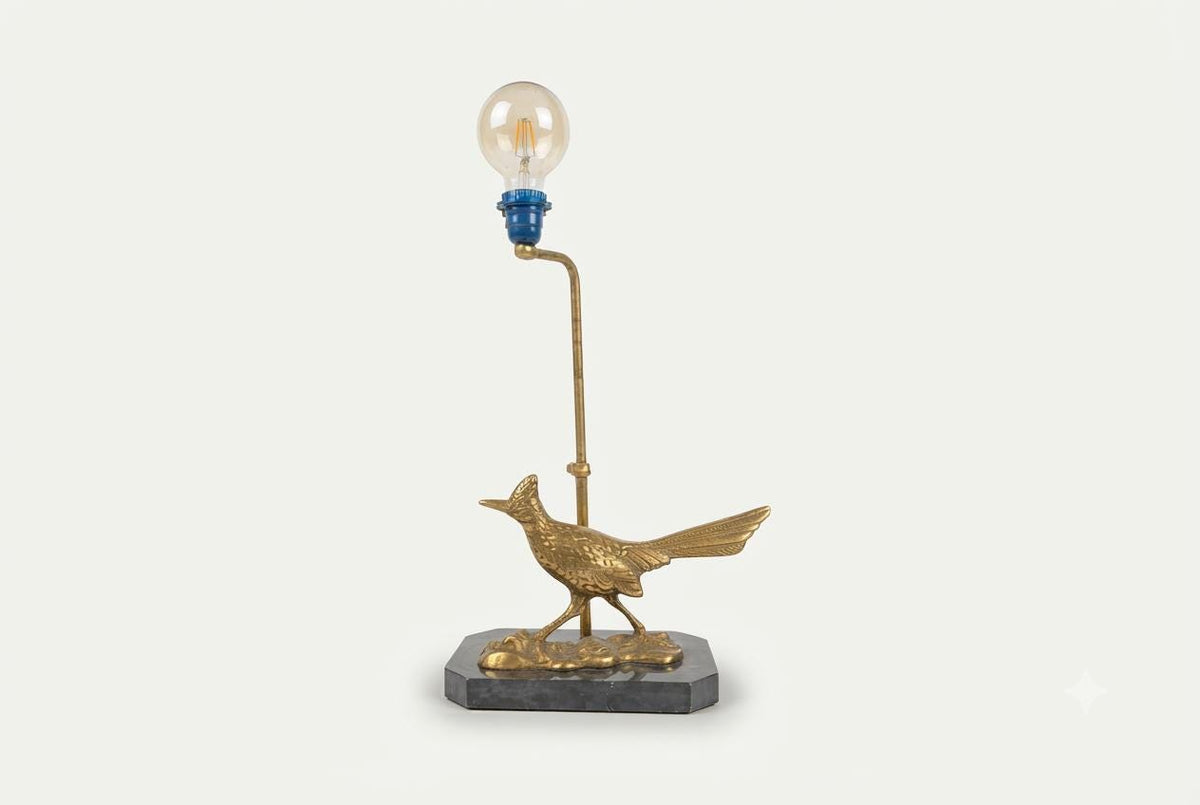 Vintage Brass Bird Table Lamp, Roadrunner Figure, Black Base, Art Deco Style, 1950s