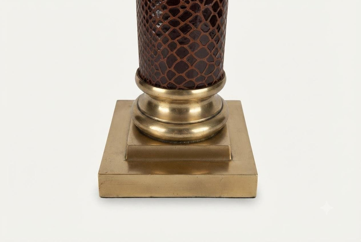 Vintage Brass Column Table Lamp, Snakeskin-Embossed Column, Square Stepped Base