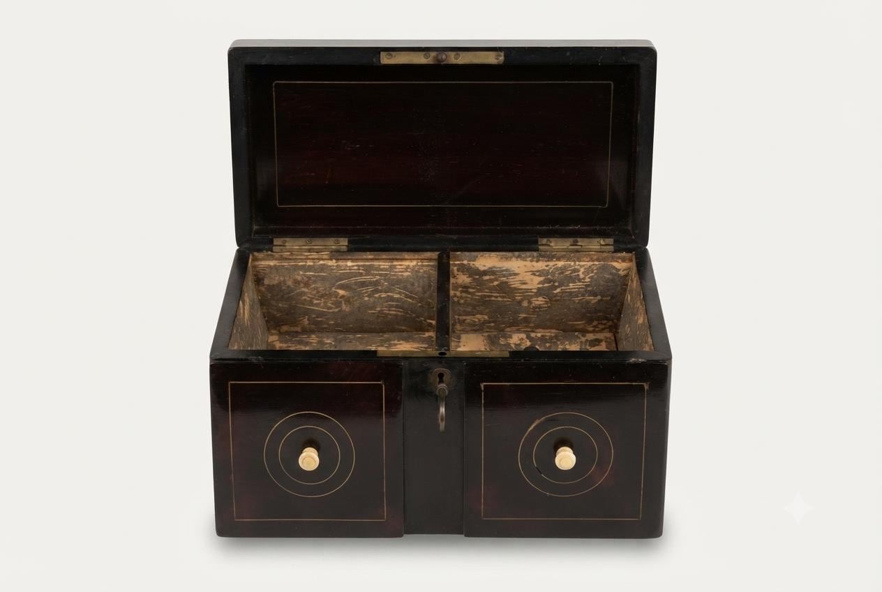 Napoleon III Style Tea Caddy, Ebonized Wood with Brass Inlay, Vintage 1950s