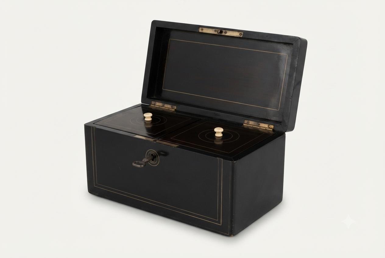 Napoleon III Style Tea Caddy, Ebonized Wood with Brass Inlay, Vintage 1950s
