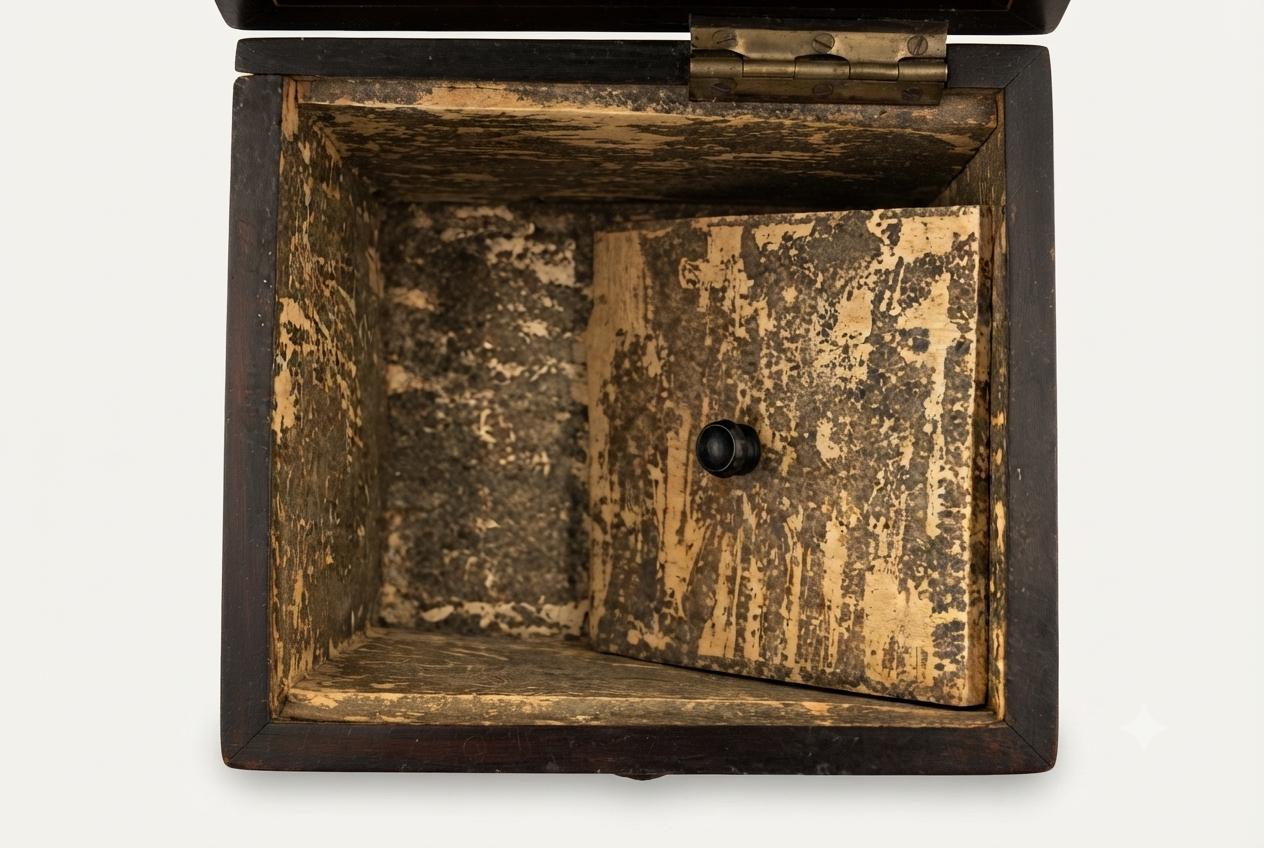 Napoleon III Style Tea Caddy, Ebonized Wood with Brass Inlay, Vintage 1950s
