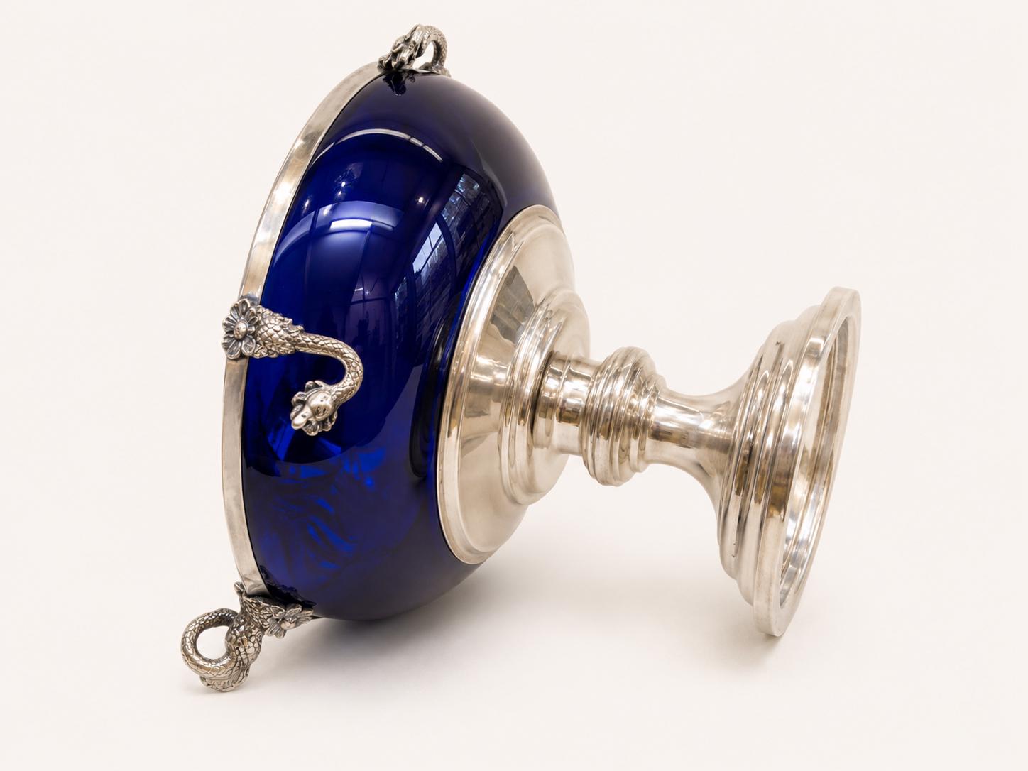Vintage Cobalt Blue Glass Bowl, Silver-Plated Swan Handles, Grape Motif, Pedestal Base