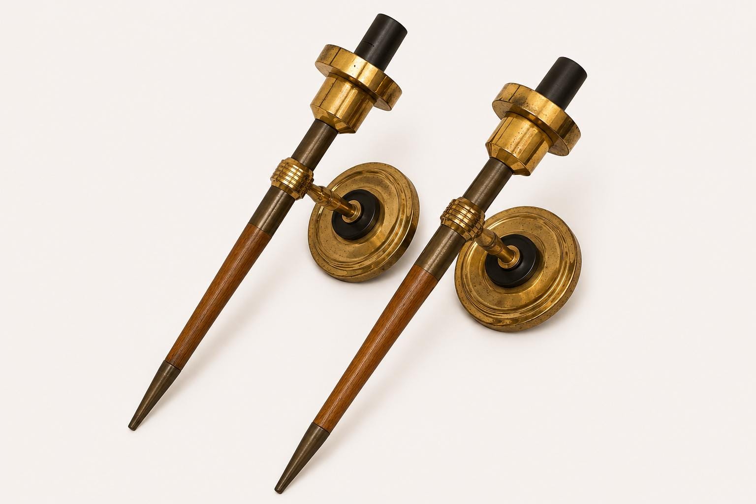 Pair of Wall Sconces, Attributed to Metalarte, Spanish Brass and Wood Design, 1950s