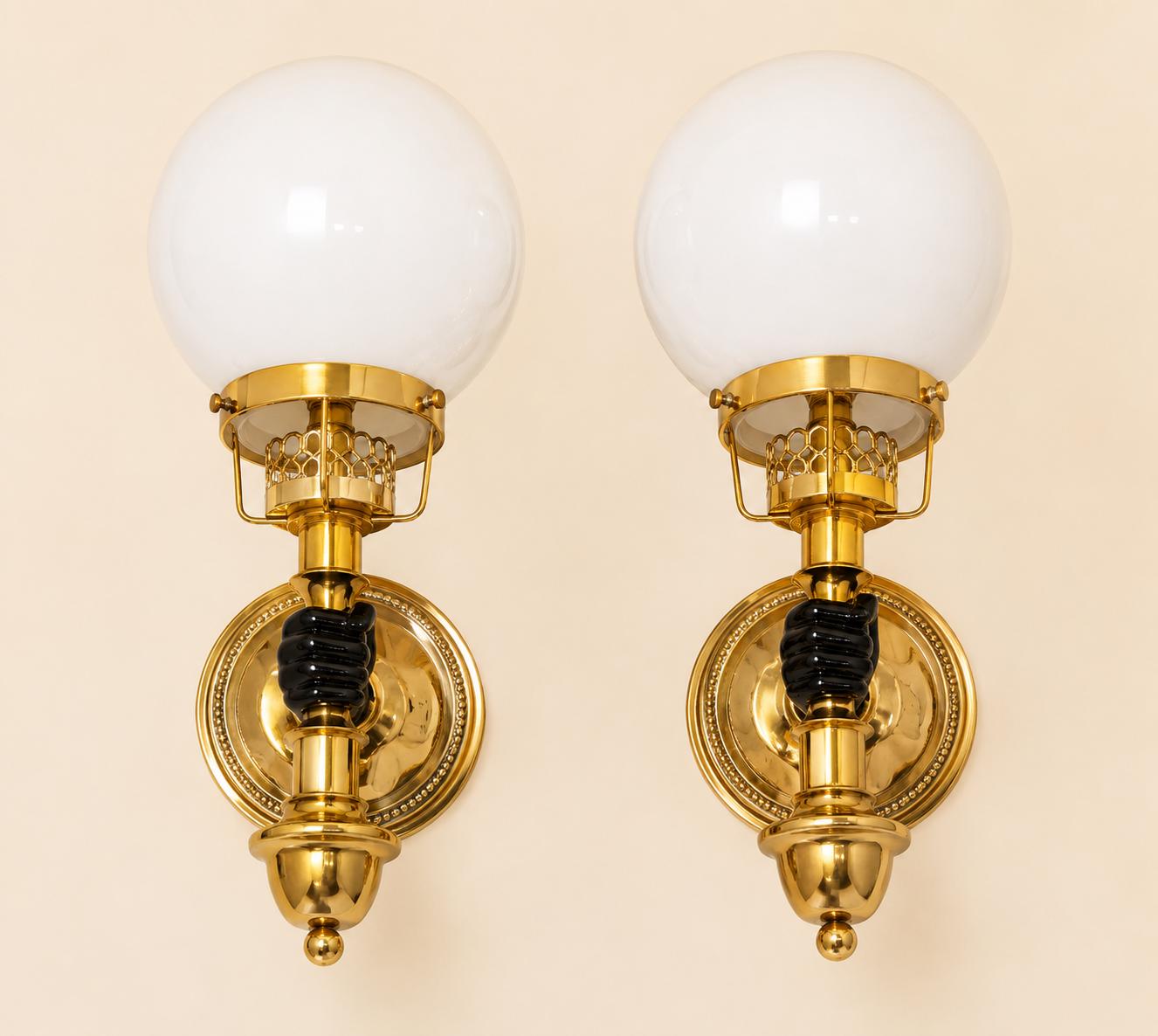 Vintage Brass-Toned Wall Sconces, White Glass Globe Shades, in the Style of Maison Jansen — Pair