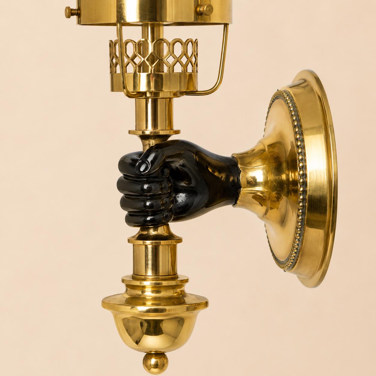 Vintage Brass-Toned Wall Sconces, White Glass Globe Shades, in the Style of Maison Jansen — Pair