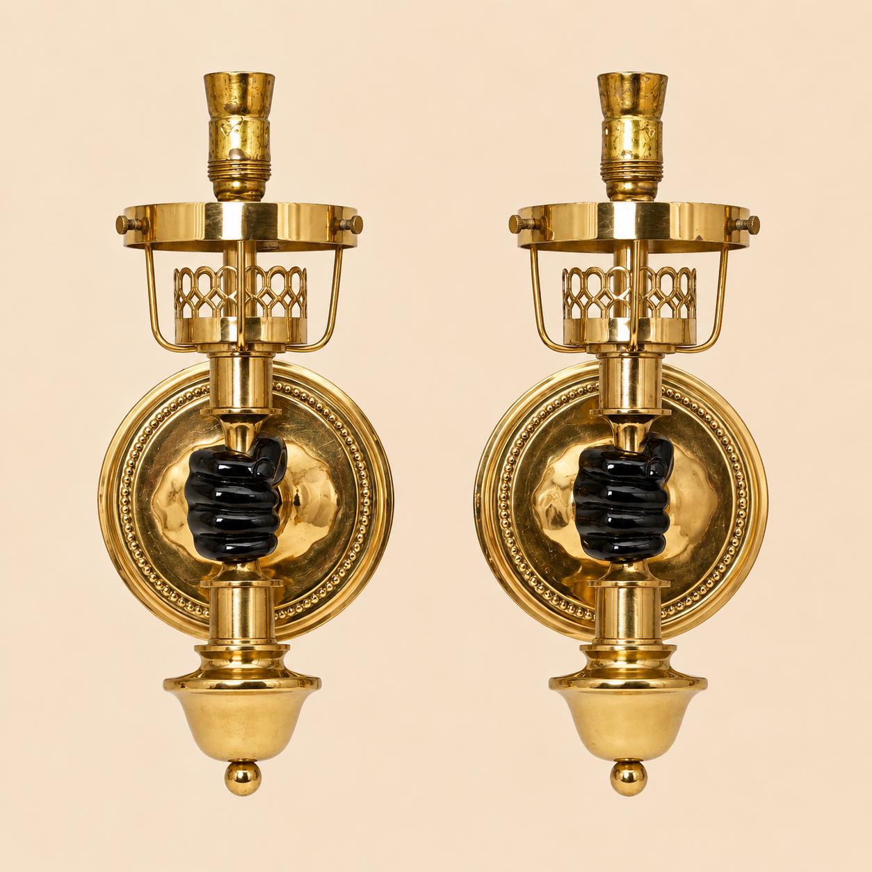 Vintage Brass-Toned Wall Sconces, White Glass Globe Shades, in the Style of Maison Jansen — Pair