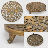 Vintage Pierced Brass-Toned Round Trivet, Footed Openwork Floral Design