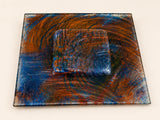 Abstract Art Glass Decorative Plate, Blue Copper Amber Swirl Design, Sculptural Centerpiece Tray