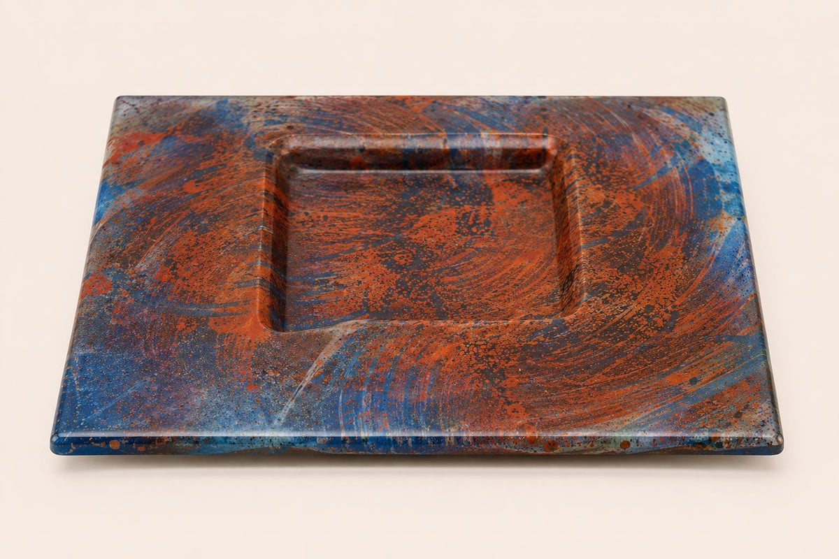 Abstract Art Glass Decorative Plate, Blue Copper Amber Swirl Design, Sculptural Centerpiece Tray