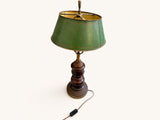 Vintage French Table Lamp, Turned Wood Base, Green Tole Shade, Empire Style, 1950s