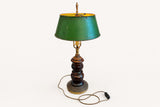 Vintage French Table Lamp, Turned Wood Base, Green Tole Shade, Empire Style, 1950s